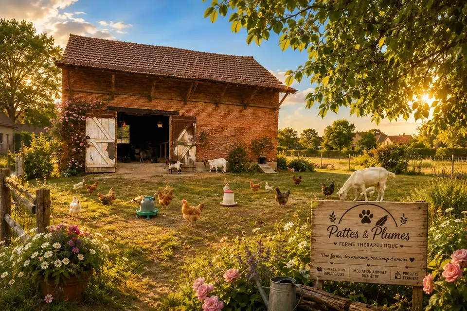 La ferme Pattes & Plumes au coucher du soleil, avec ses animaux et son panneau en bois